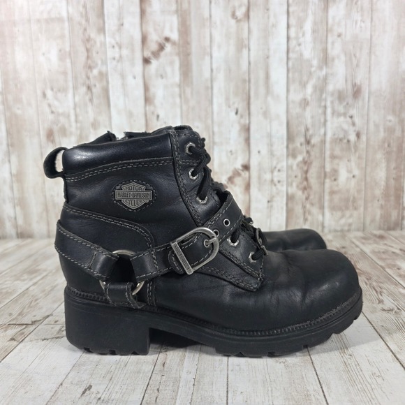 Harley-Davidson Shoes - Harley Davidson Womens Black Leather Biker Boots D84424 Lace Up Side Zip Size 7M